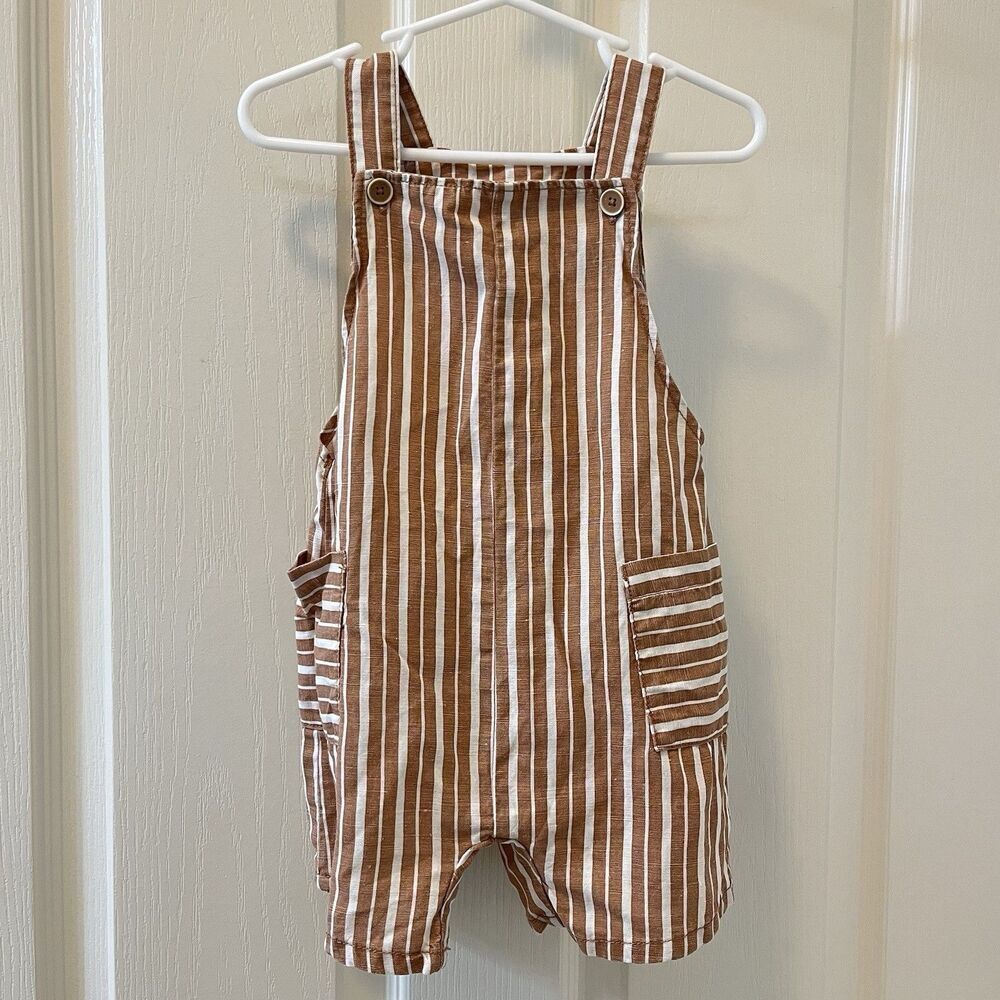 Zara Linen Blend Shortalls Jumper Romper Brown White Stripes Size 12-18 Months